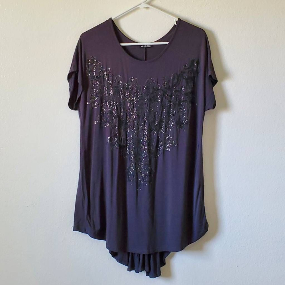 Yours Clothing Womens 16 Beaded Tunic Top Dark Gray Short Sleeve Stretch Knit